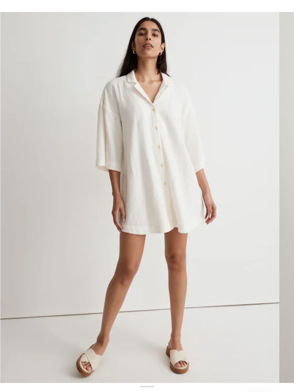 Madewell Cream Crinkle Cotton Cover-Up Mini Shirtdress